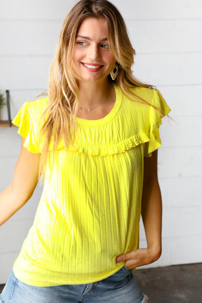 Yellow Wide Rib Frilled Short Sleeve Yoke Top