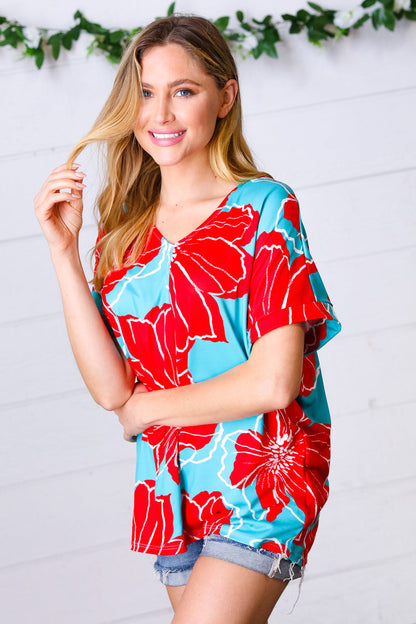 Teal & Cherry Red Floral Print V Neck Top