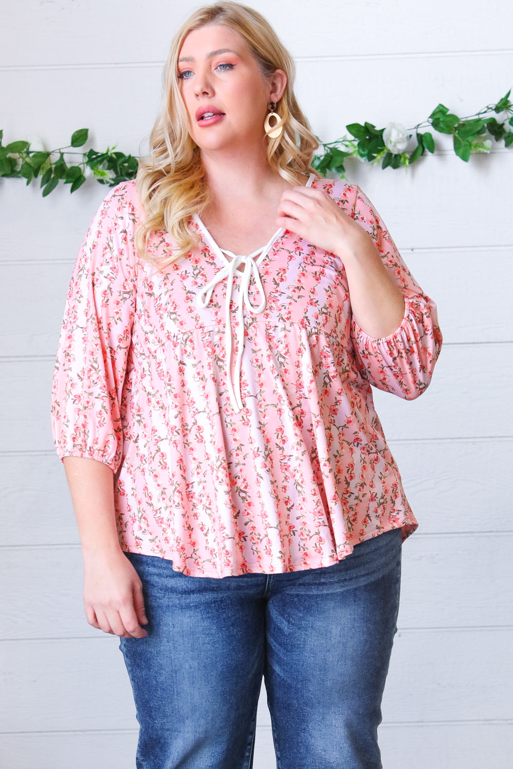 Pink Floral Stripe V Tie Neck Knit Top