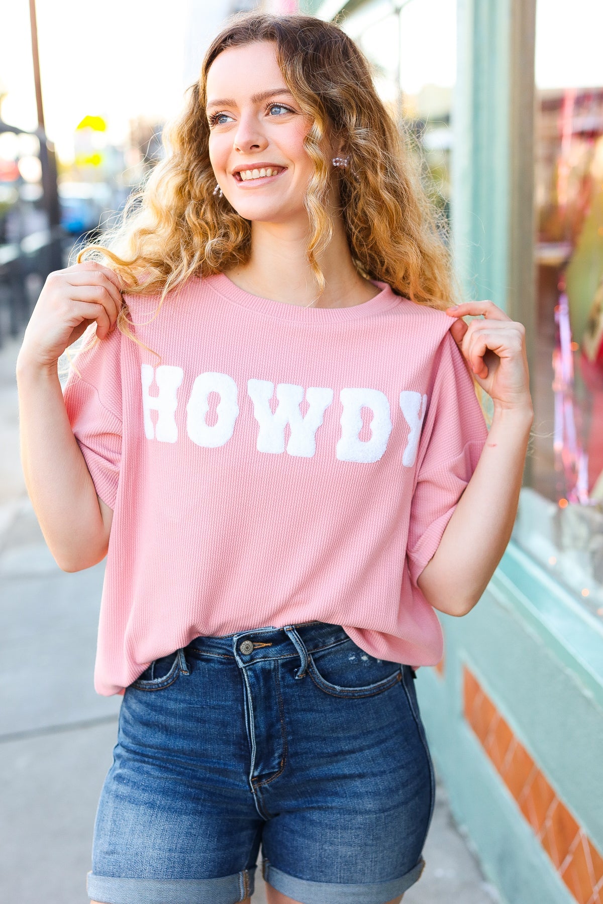 Haptics Pink Pop-Up Embroidered "HOWDY" Ribbed Top