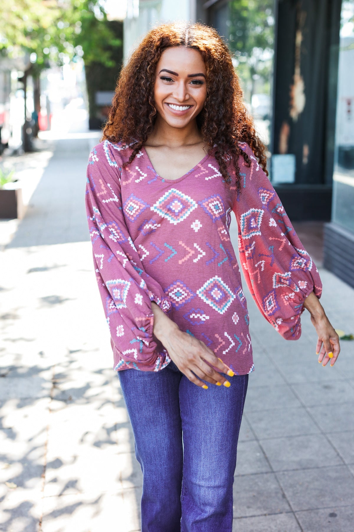 Boho Vibes Elastic Long Sleeve Aztec Print V Neck Pullover