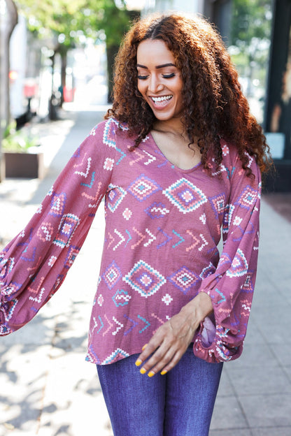 Boho Vibes Elastic Long Sleeve Aztec Print V Neck Pullover