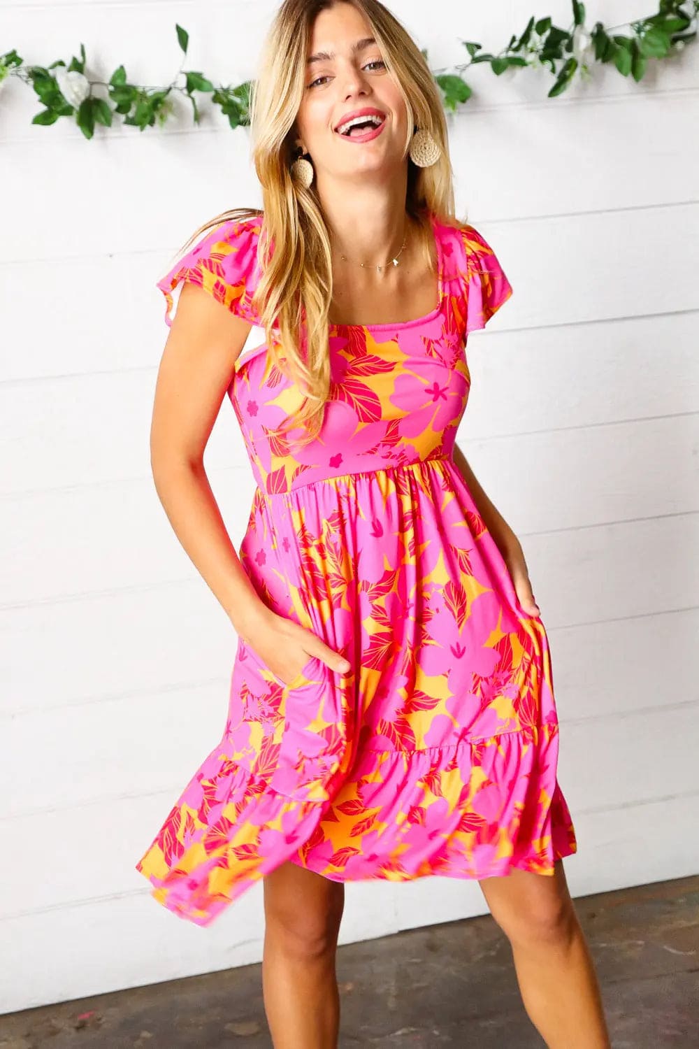 Fuchsia & Orange Tropical Floral Square Neck Dress