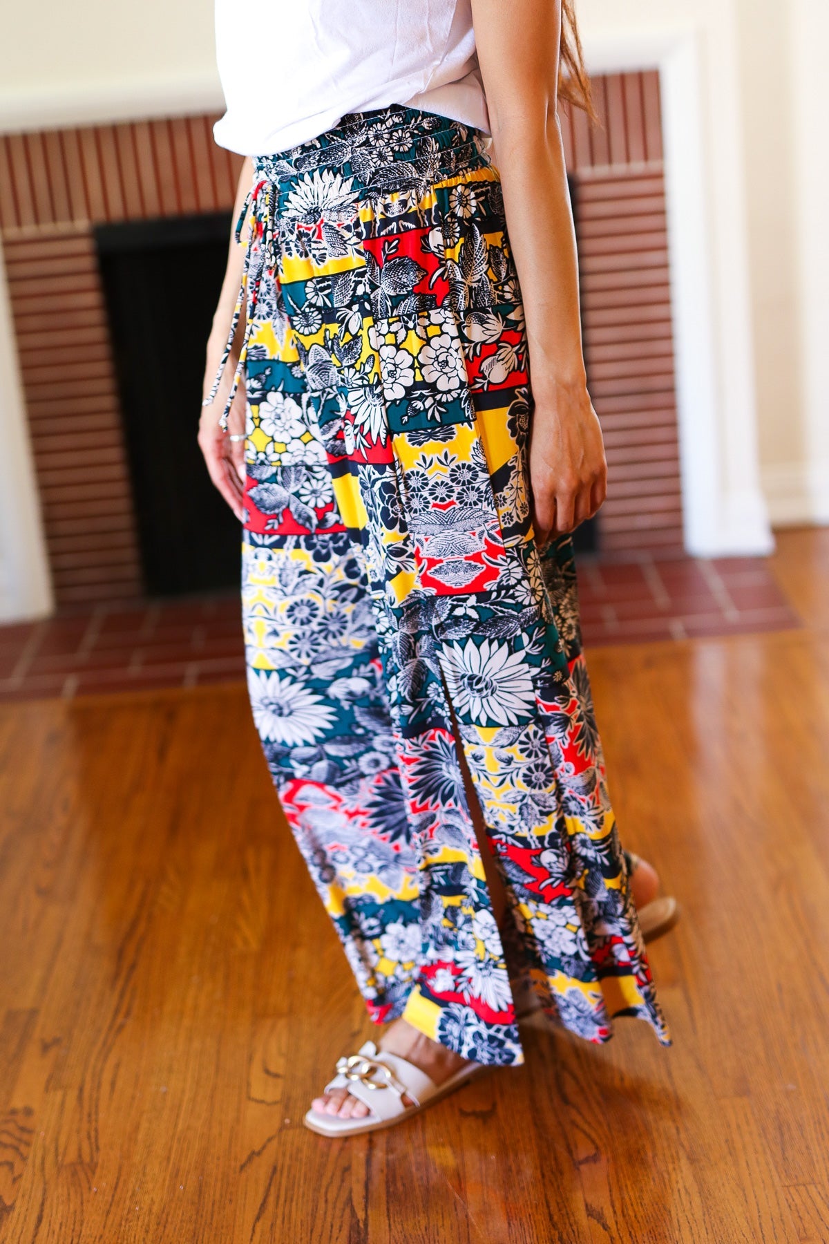 And The Why Vacay Vibes Teal Floral Smocked Waist Side Slit Palazzo Pants