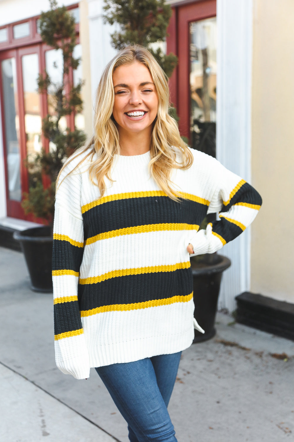 PLUS Casual Chic Yellow & Ivory Stripe Oversize Knit Sweater