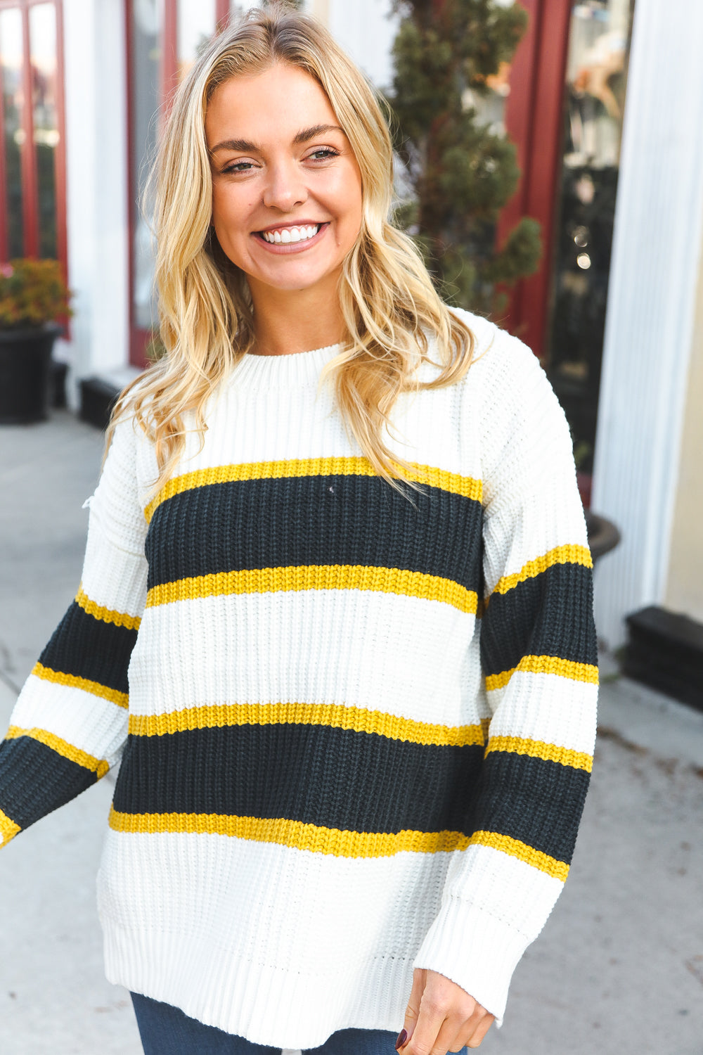 PLUS Casual Chic Yellow & Ivory Stripe Oversize Knit Sweater