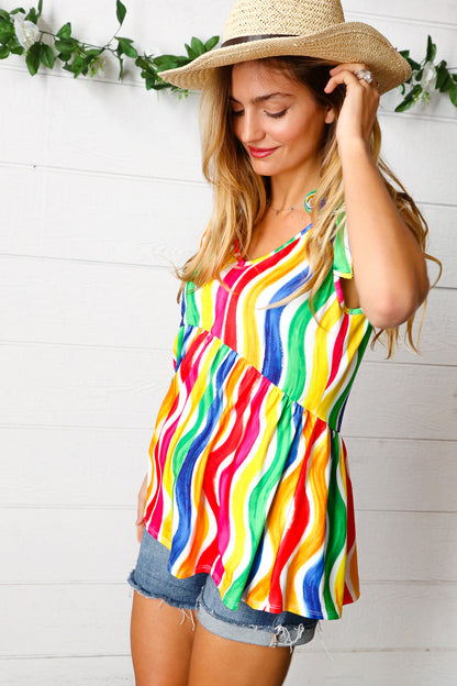 Multicolor Wavy Stripe Shoulder Tie Detail Top