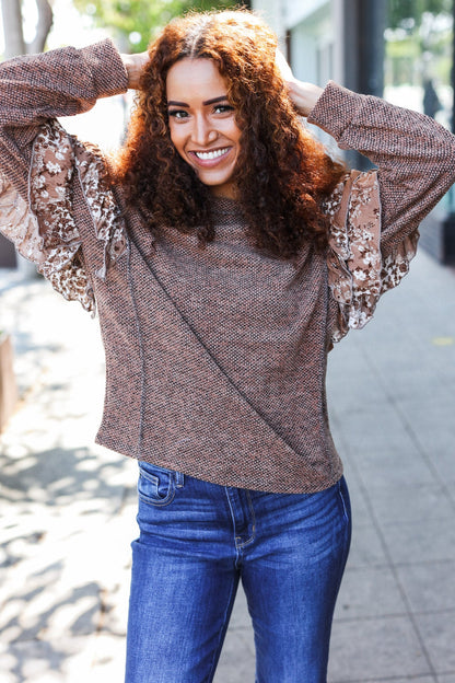 Fall Diva Brown Two Tone Knit Floral Print Frill Detail Sweater