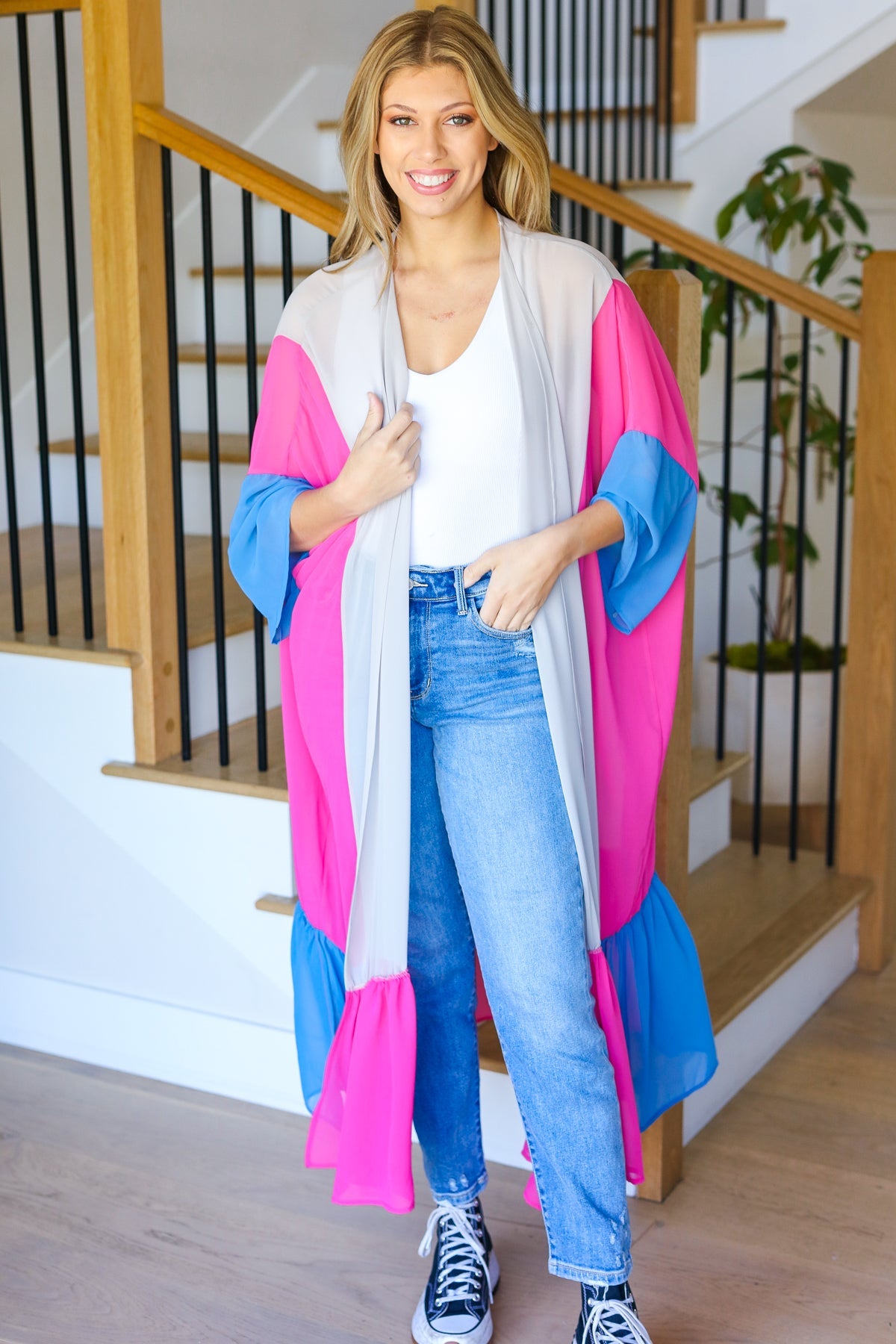 Taupe & Fuchsia Color Block Ruffle Hem Kimono