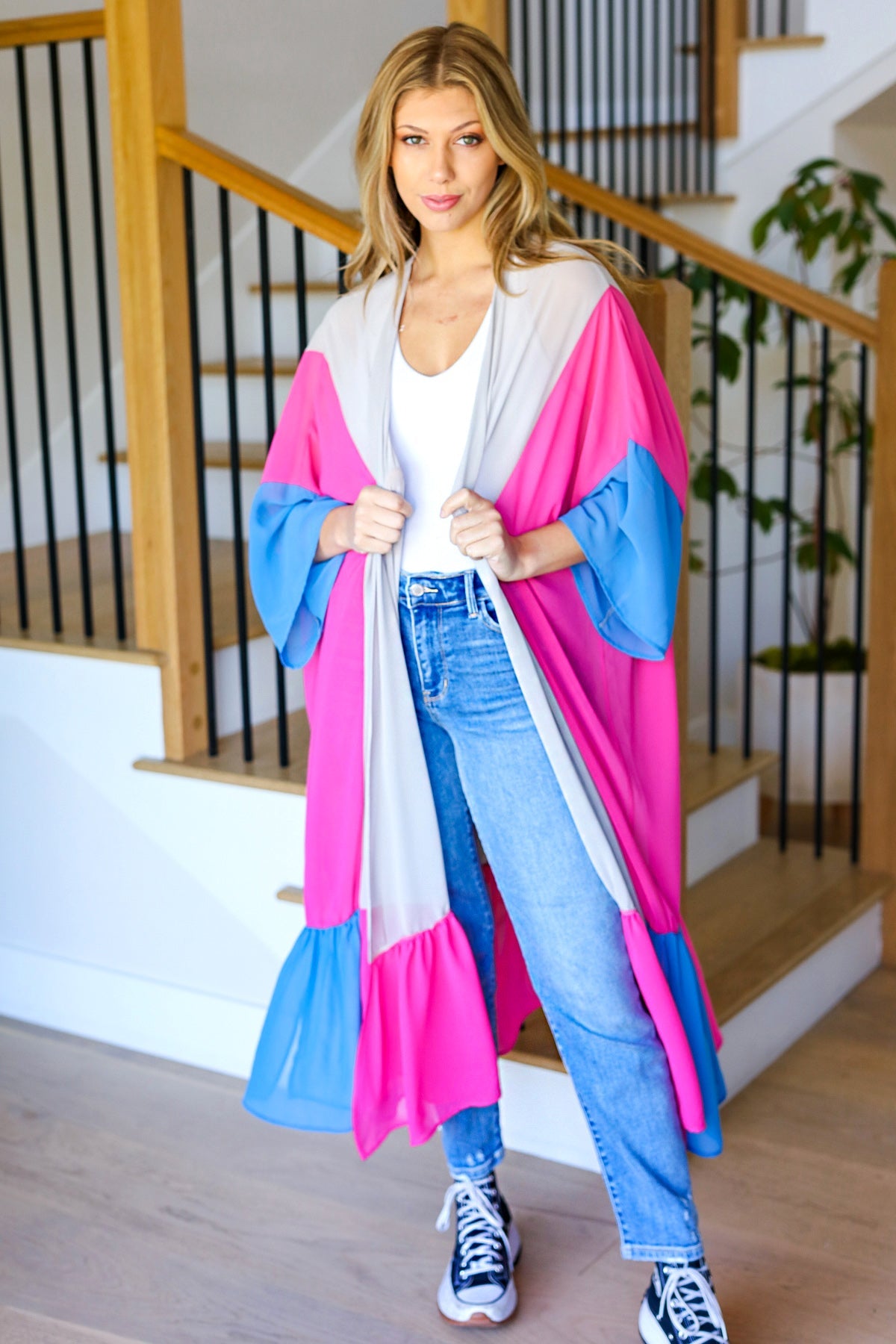 Taupe & Fuchsia Color Block Ruffle Hem Kimono