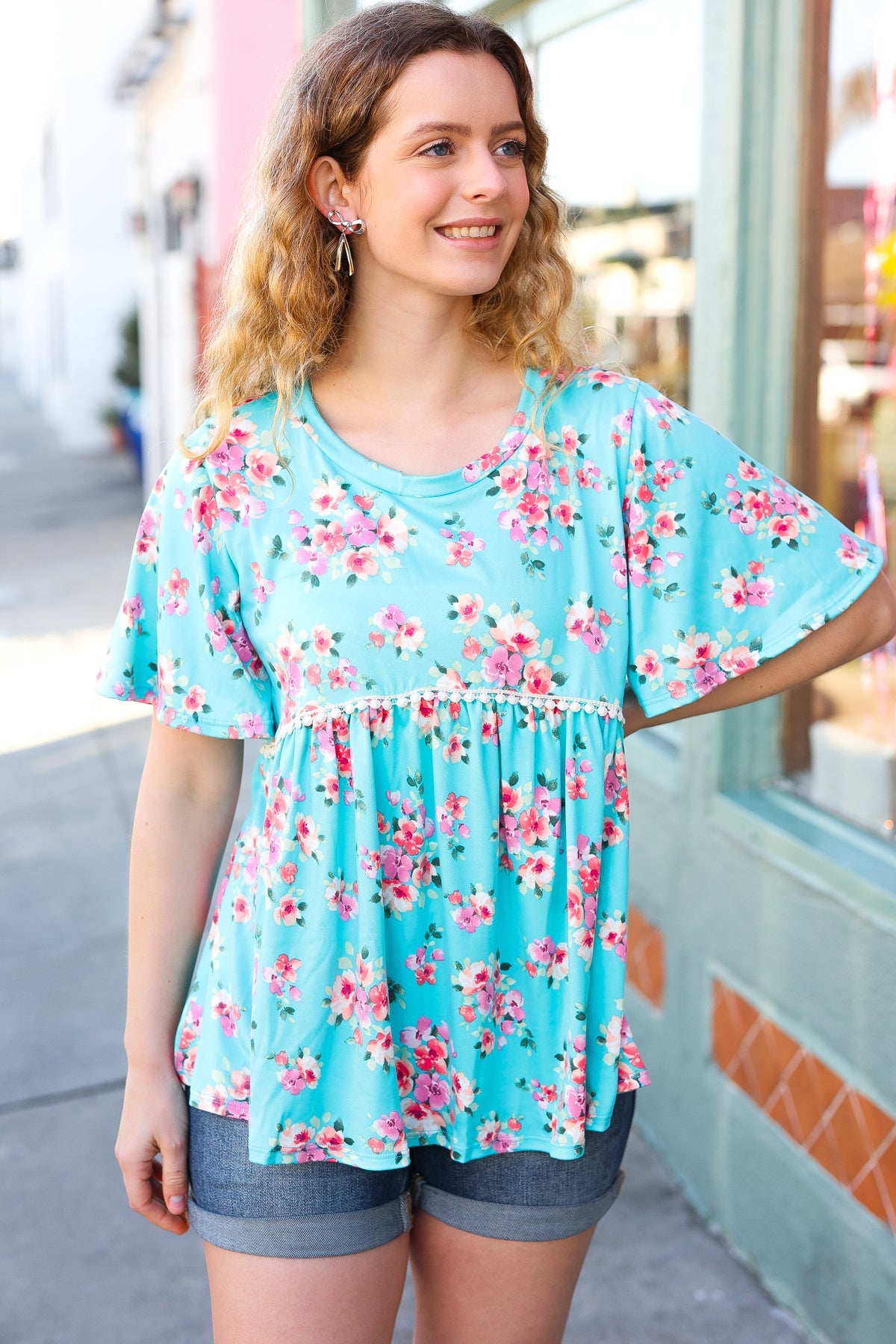 Sky Blue Three-Quarter Sleeve Floral Peplum Babydoll Top