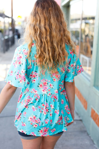 Sky Blue Three-Quarter Sleeve Floral Peplum Babydoll Top