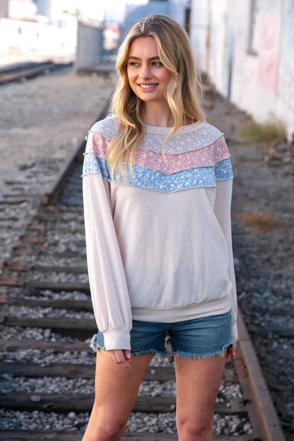 Taupe & Sky Blue Thermal Knit Out Seam Stitch Pullover