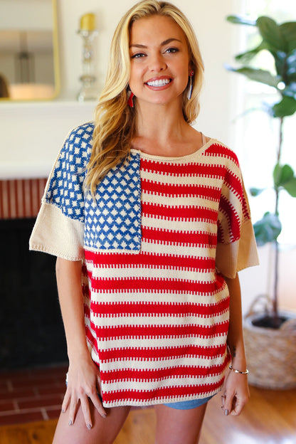 American Flag Jacquard Knit Sweater Top