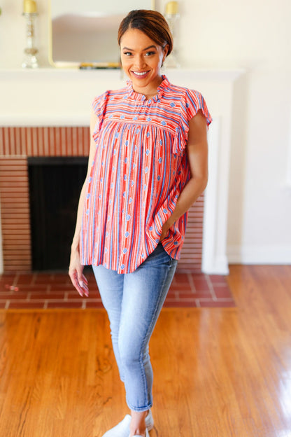 Red & Blue Boho Stripe Flutter Sleeve Top (Copy)