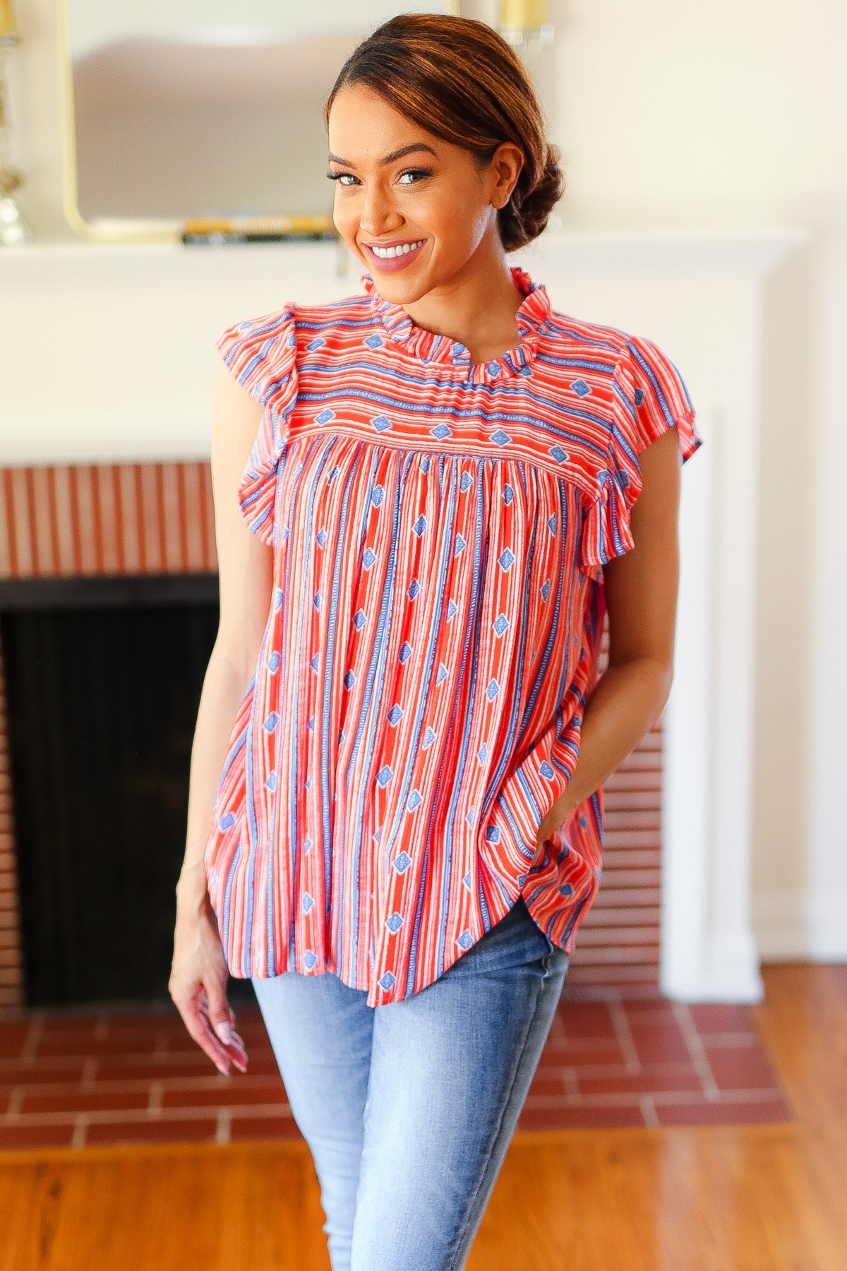 Red & Blue Boho Stripe Flutter Sleeve Top (Copy)