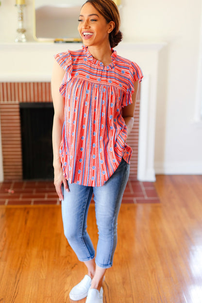 Red & Blue Boho Stripe Flutter Sleeve Top (Copy)