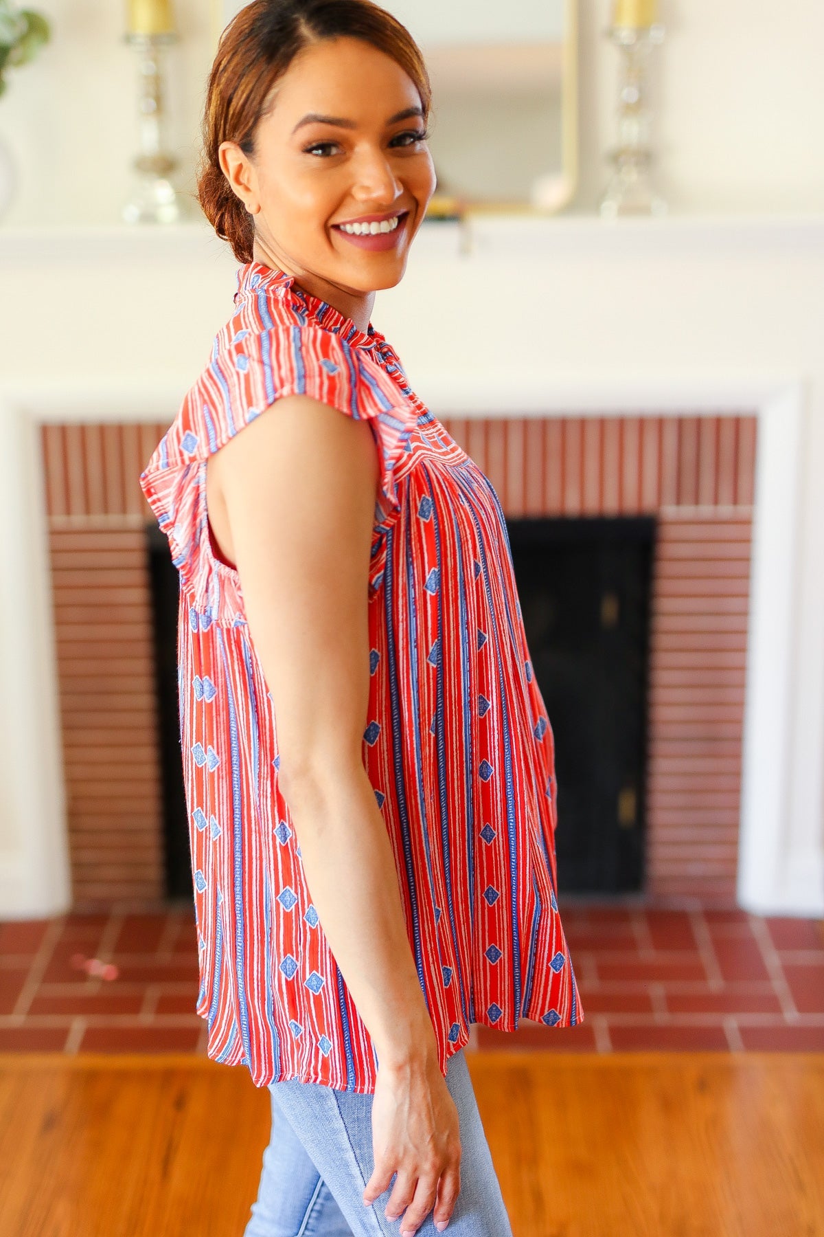 Red & Blue Boho Stripe Flutter Sleeve Top (Copy)