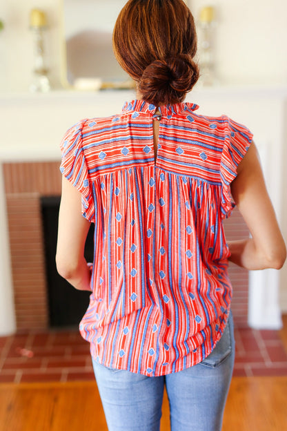 Red & Blue Boho Stripe Flutter Sleeve Top (Copy)