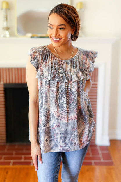 Everyday Gray & Coral Tie Dye Frilled Short Sleeve Yoke Top