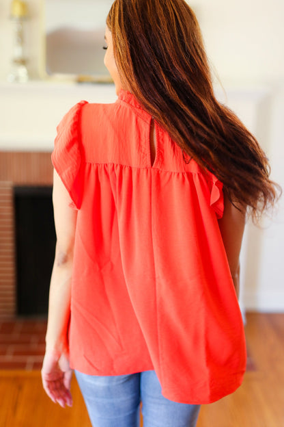 Red-Orange Mock Neck Flutter Sleeve Top (Copy)