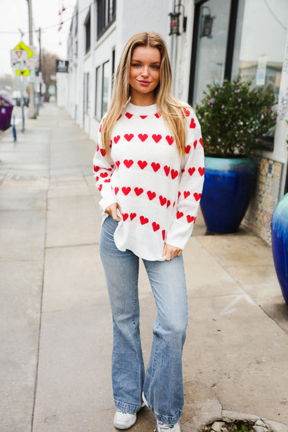 Be Mine White Jacquard Heart Stripe Pullover Sweater