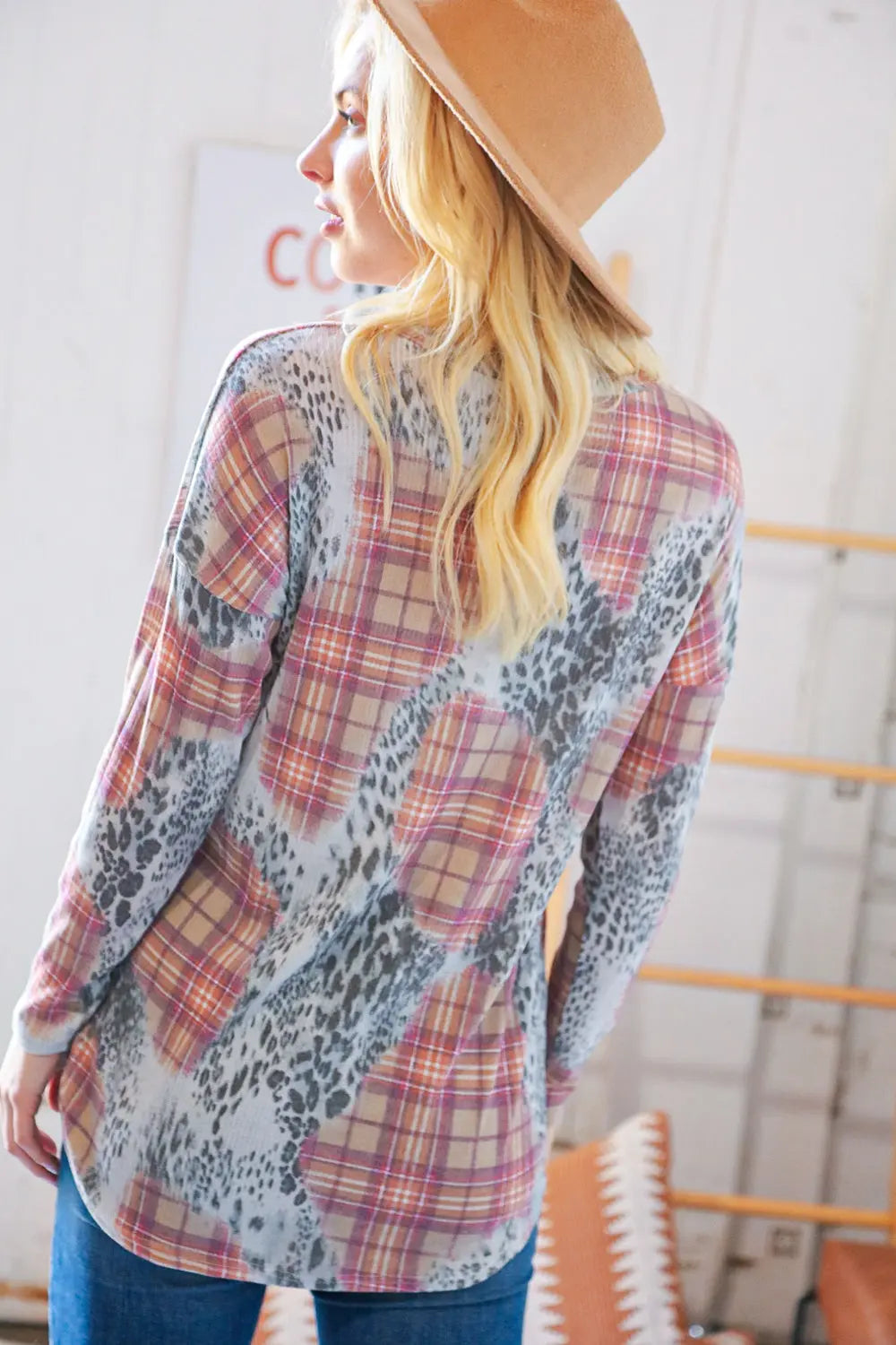 Taupe Leopard Plaid Rib Knit Round Neck Pullover