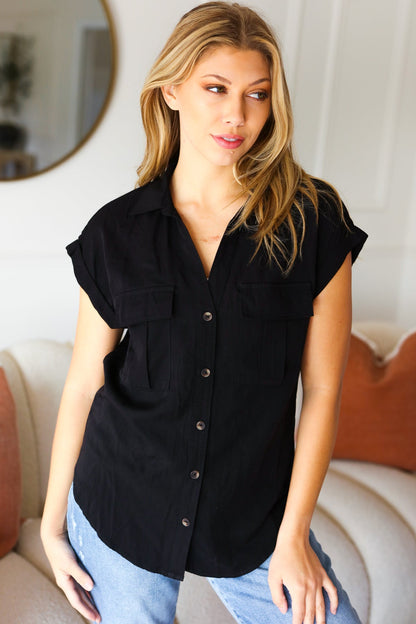 Zenana Live For Today Black V Neck Collared Button Up Tencel Top