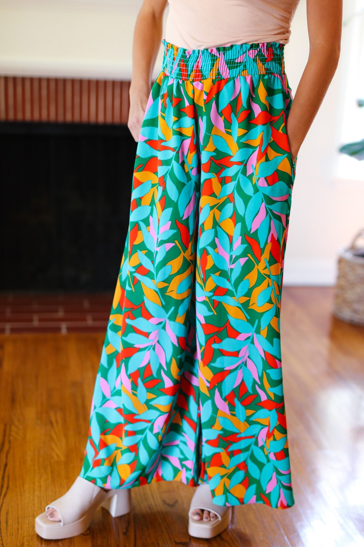 Summer Vibes Green & Orange Abstract Print Smocked Palazzo Pants