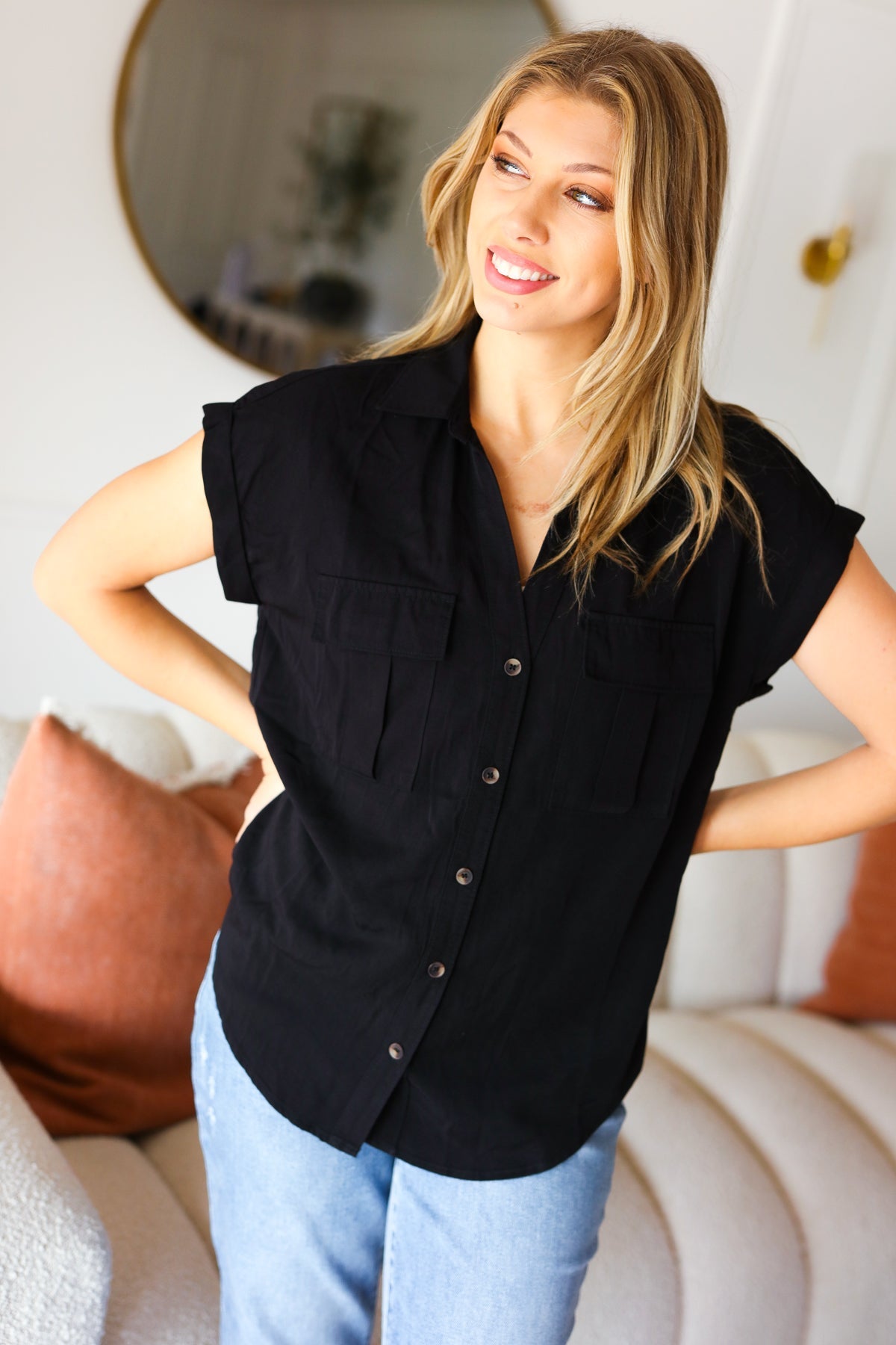 Zenana Live For Today Black V Neck Collared Button Up Tencel Top