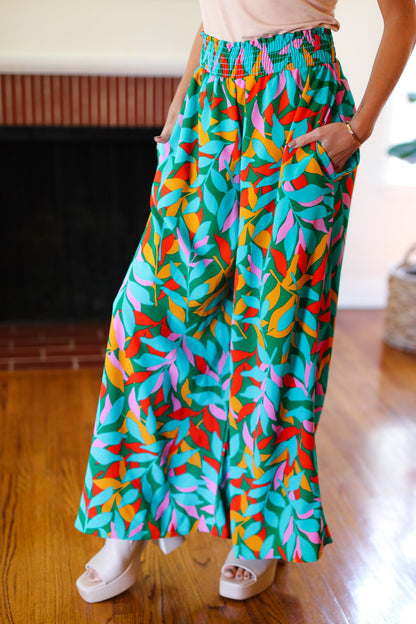 Summer Vibes Green & Orange Abstract Print Smocked Palazzo Pants