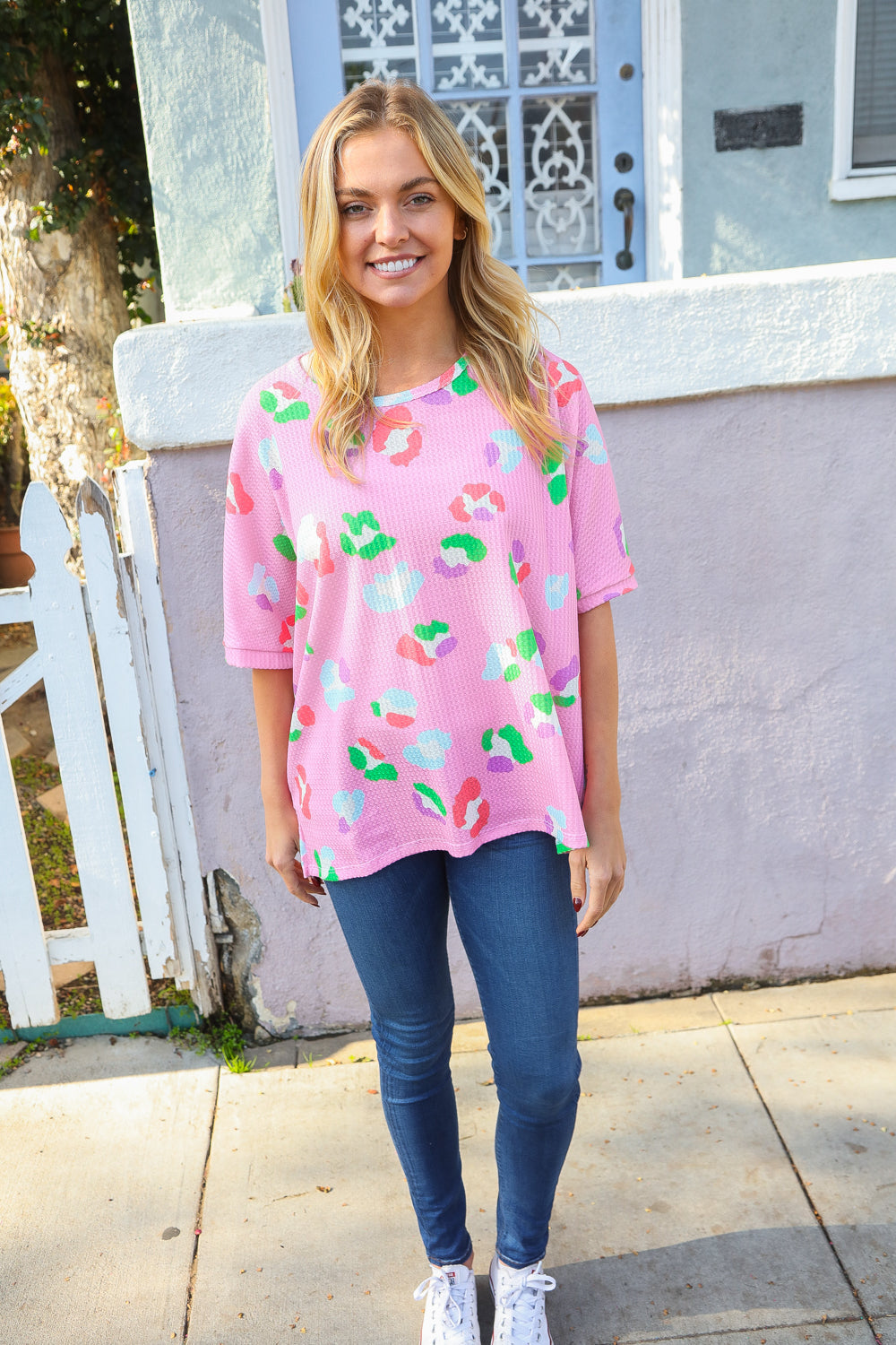 Weekend Ready Pink Multicolor Animal Print Waffle Dolman Top