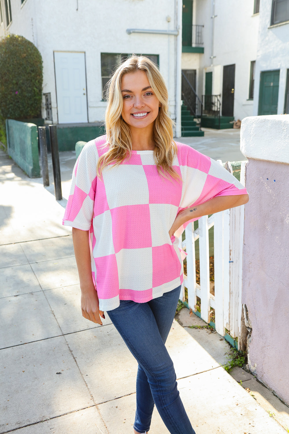 Dazzle In Pink & White Checker Print Waffle Knit Top