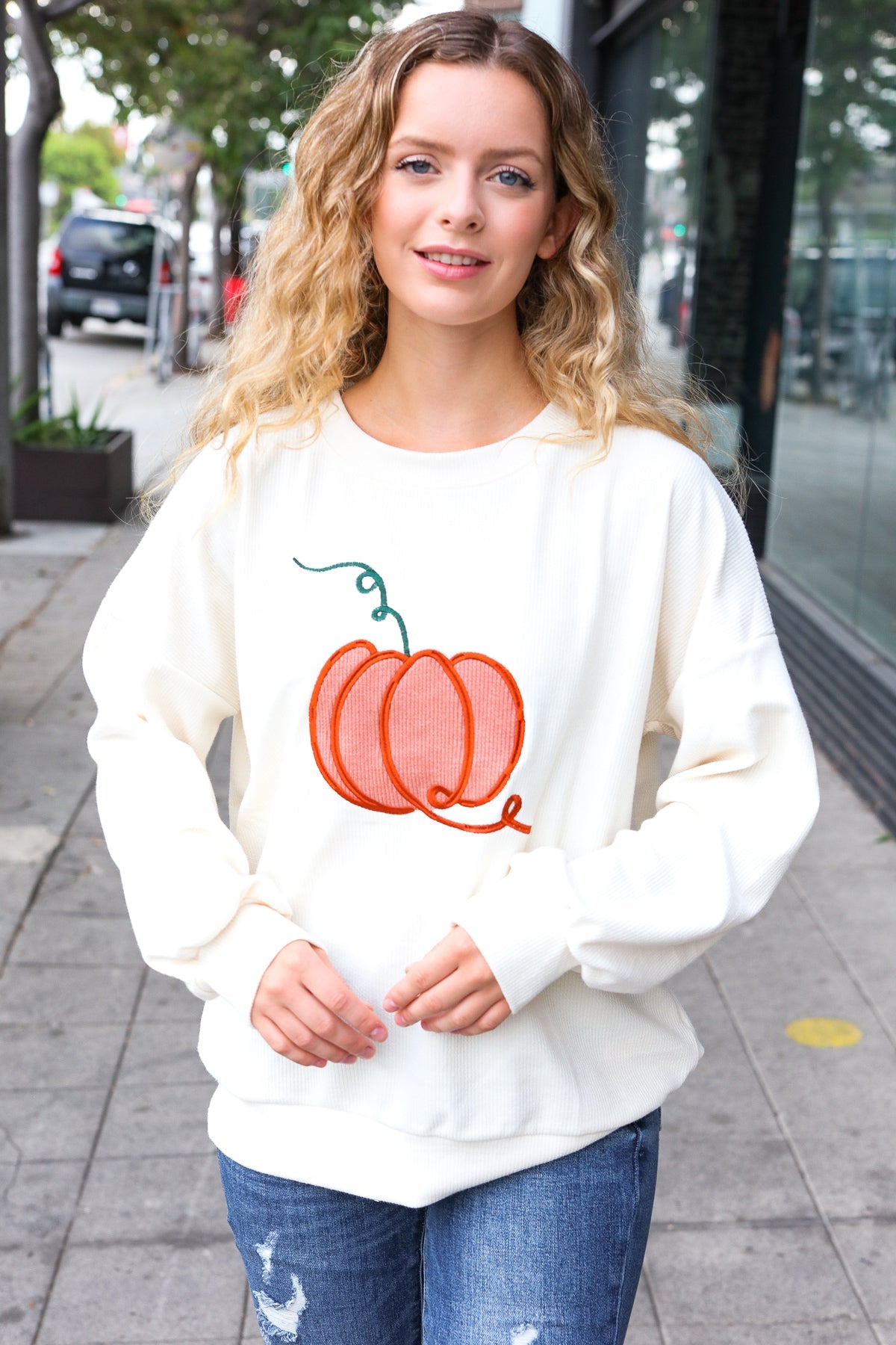 Halloween Lovely Ivory Embroidered Pumpkin Knit Sweater