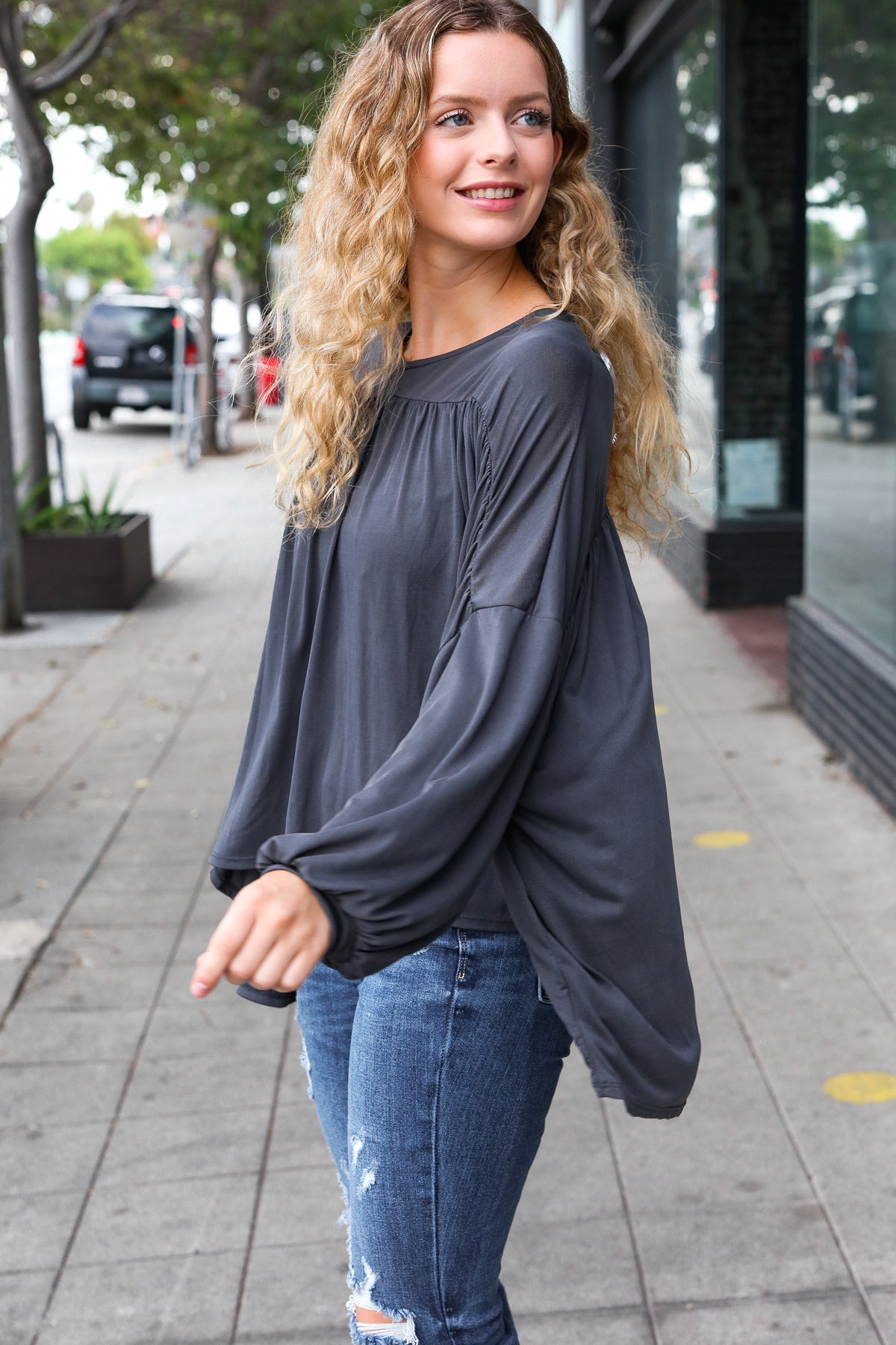 Casual Chic Charcoal V Neck Yoke Modal Knit Top