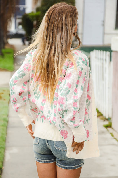 All For Love Ivory Jacquard Vertical Floral Button Down Cardigan