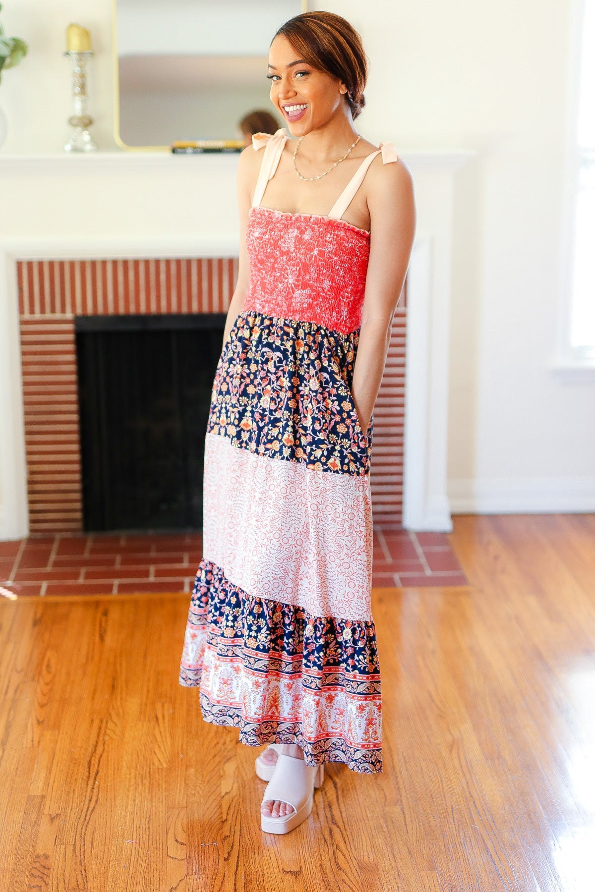 Haptics Vacay Vibes Orange Floral Smocked Tube Top Tiered Maxi Dress