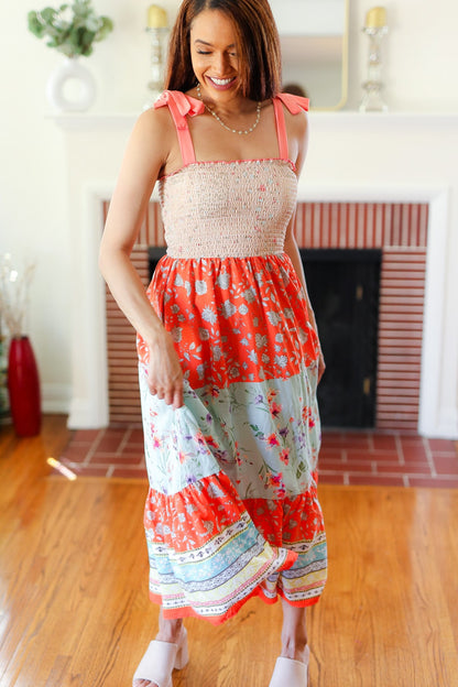 Haptics Vacay Vibes Taupe Floral Smocked Tube Top Tiered Maxi Dress