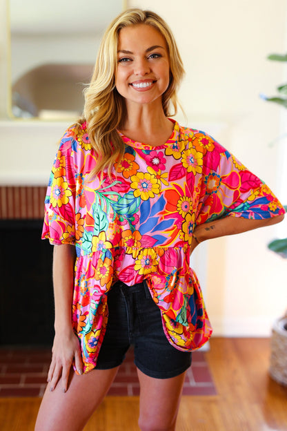 Yellow & Fuchsia Retro Floral Babydoll Top