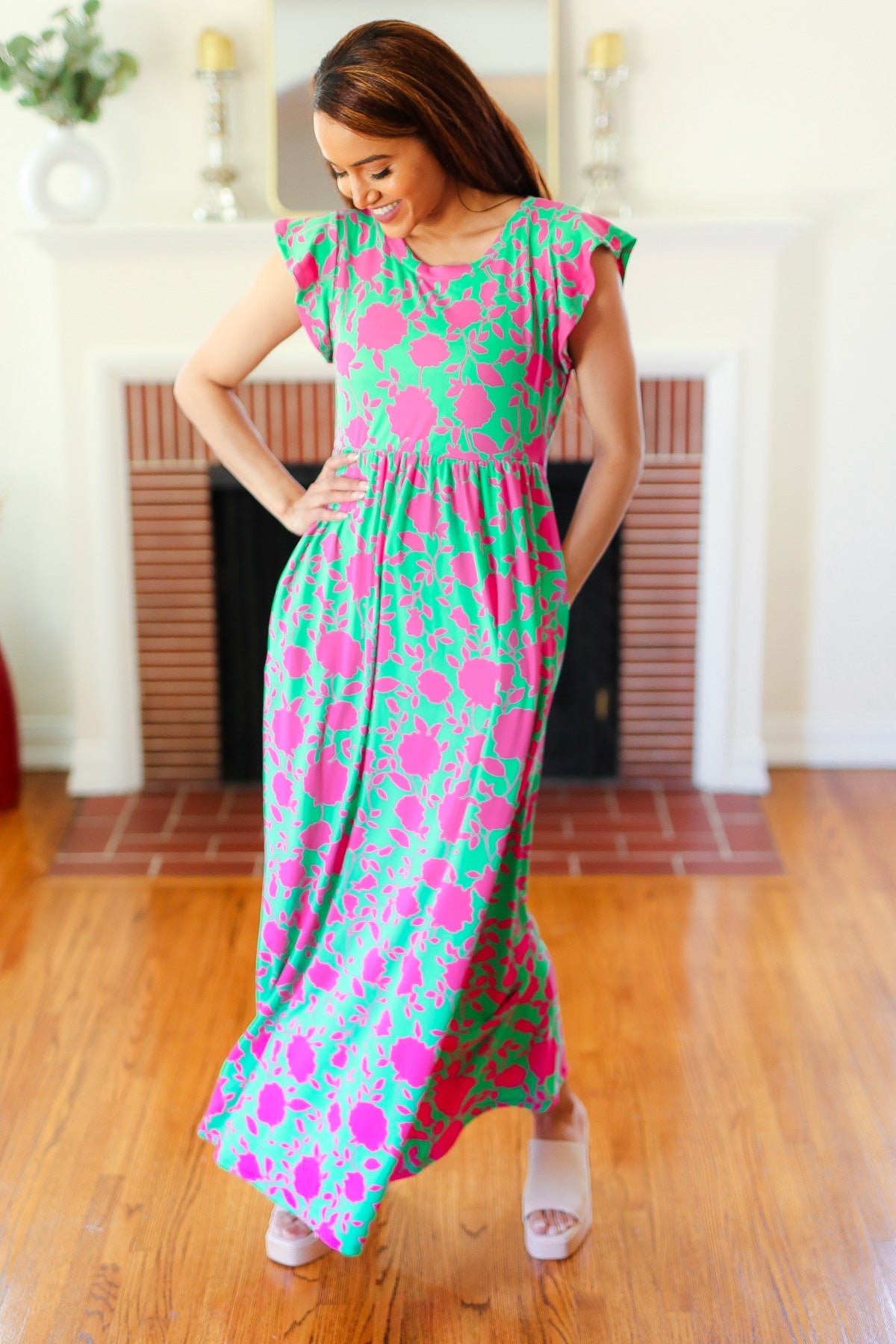 Stand Out Green & Fuchsia Floral Fit & Flare Maxi Dress