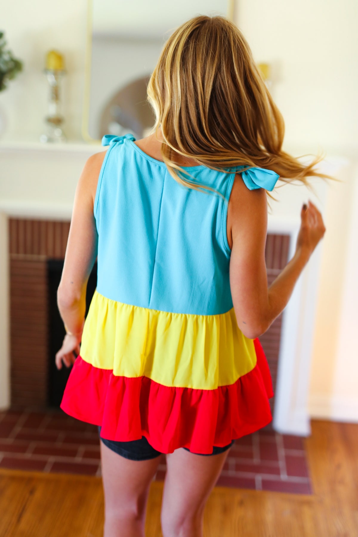 Multicolor Tiered Shoulder Tie Bow Crepe Top