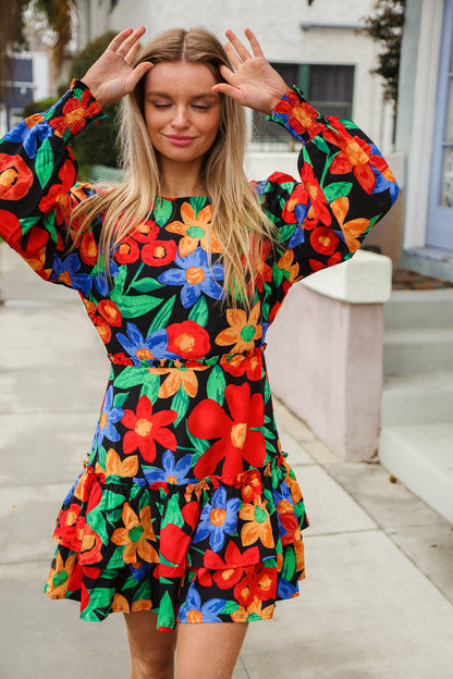 Vibrant Vibes Multicolor Big Floral Ruffle Frill Lined Dress