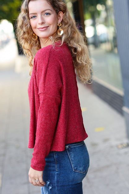 Stay Awhile Red Ribbed Dolman Cropped Sweater