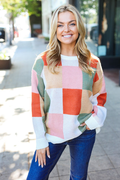 Ivory & Rust Checker Jacquard Knit Sweater