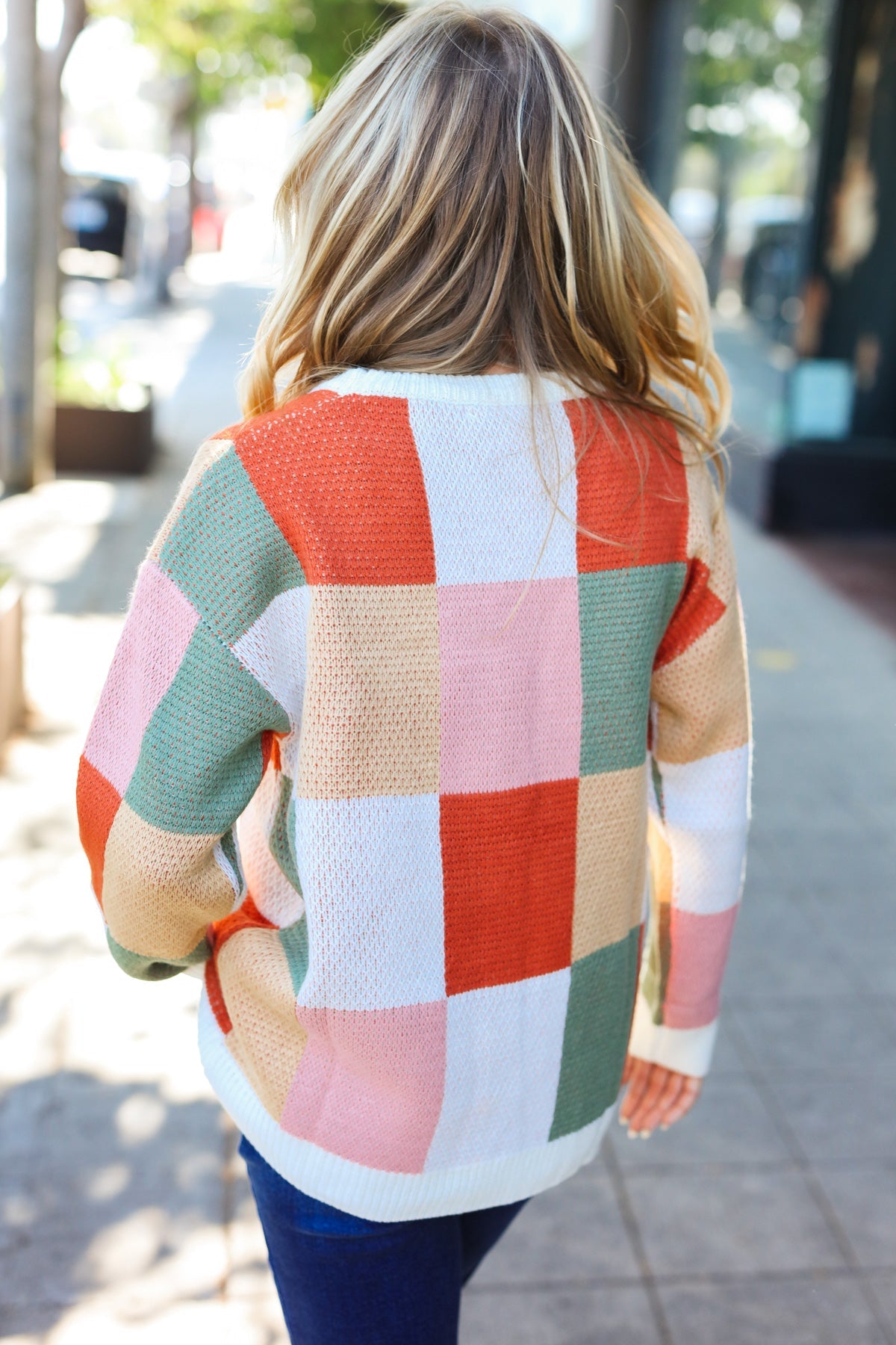 Ivory & Rust Checker Jacquard Knit Sweater