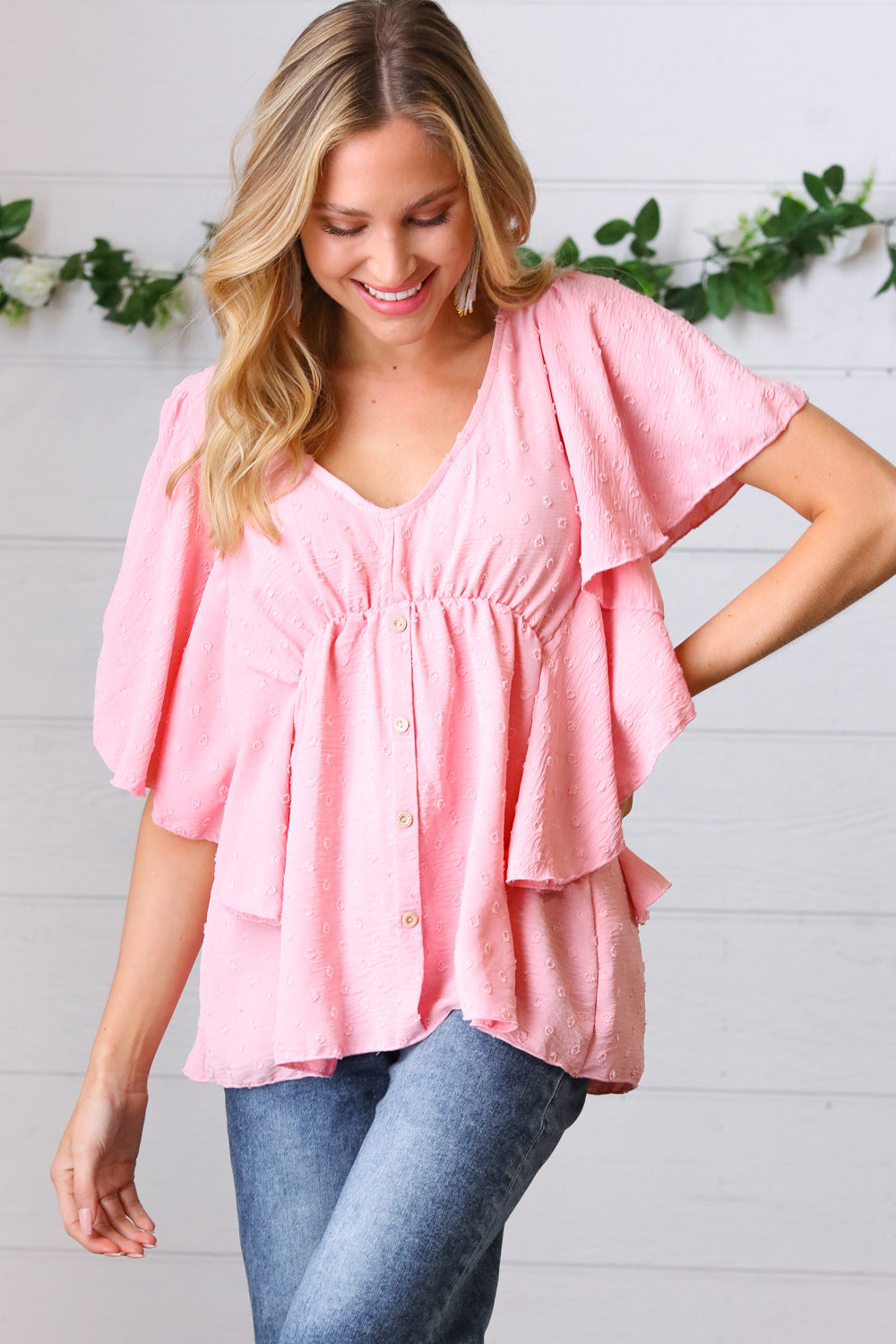 Soft Pink Swiss Dot Ruffle Woven Top