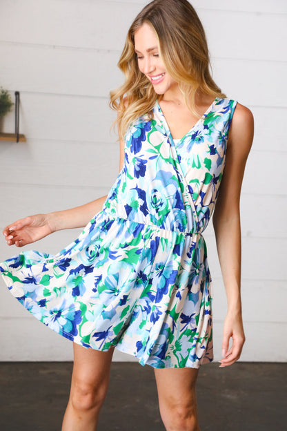 Green & Blue Floral Sleeveless Surplice Romper