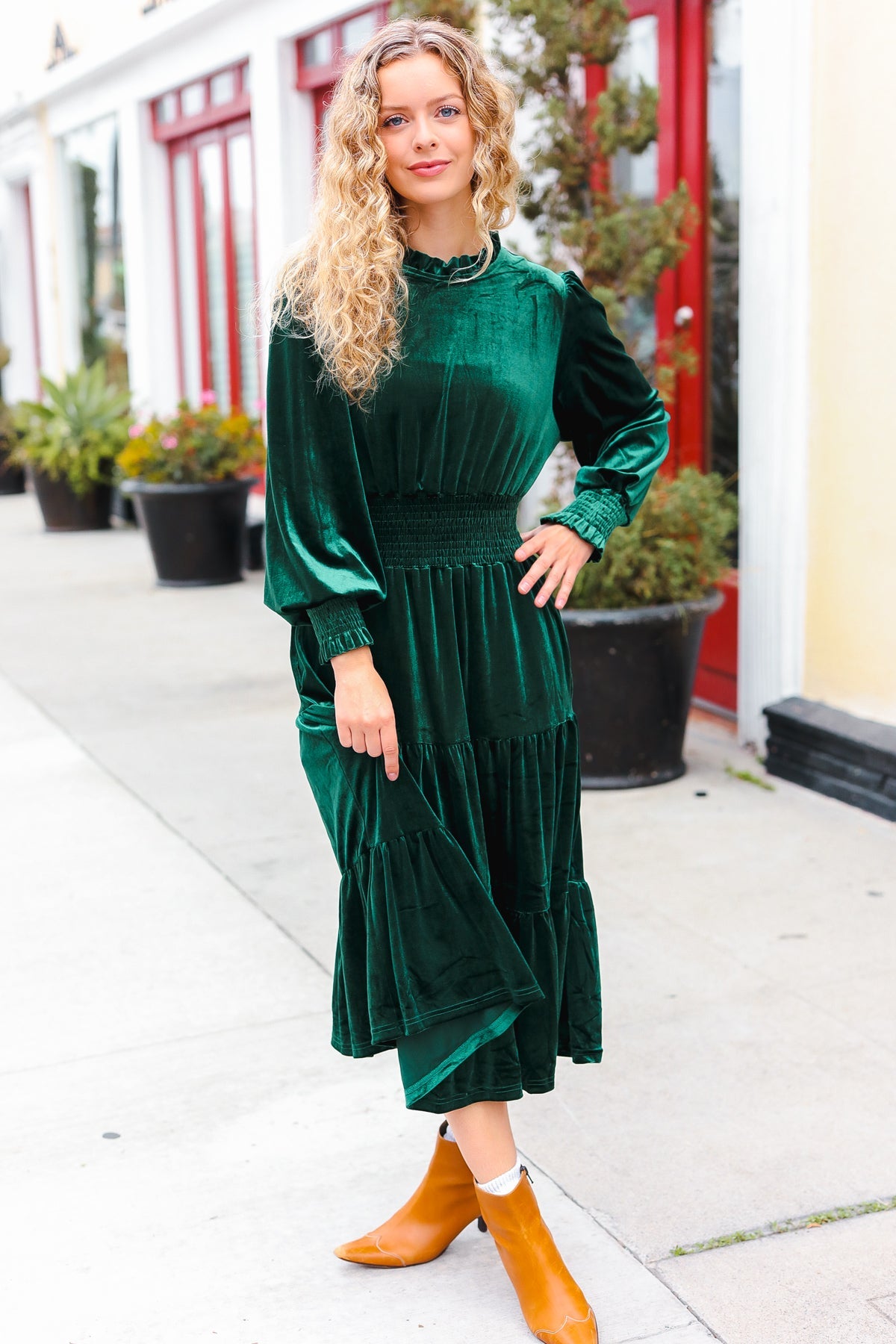 Holiday Dreaming Hunter Green Velvet Mock Neck Smocked Waist Dress