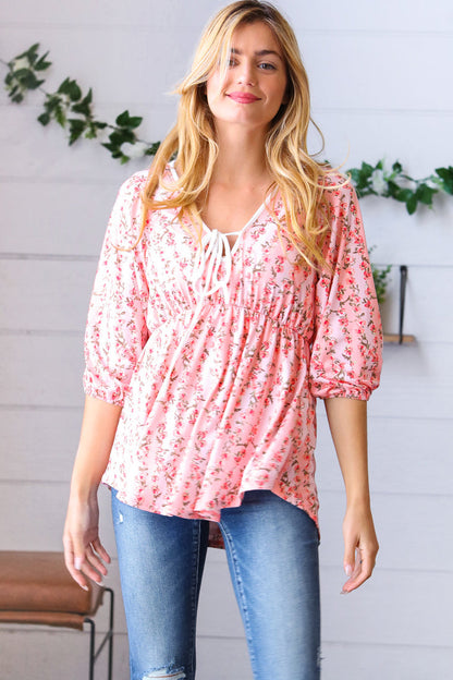 Pink Floral Stripe V Tie Neck Knit Top