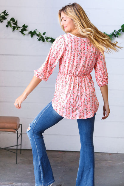 Pink Floral Stripe V Tie Neck Knit Top